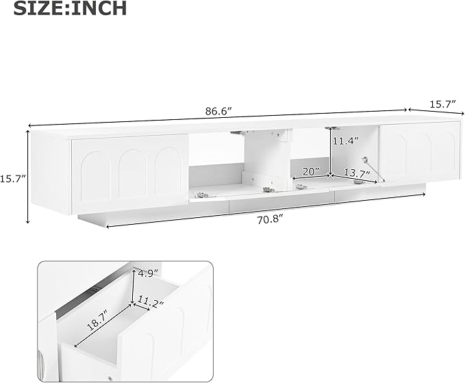 Ball & Cast Modern TV Stand with Fluted Tempered Glass Doors for TVs up to 95'', Entertainment Center w/Led Lights, Cabinets & 2 Drawers,Arched Door Design,Media Console for Living Room,White