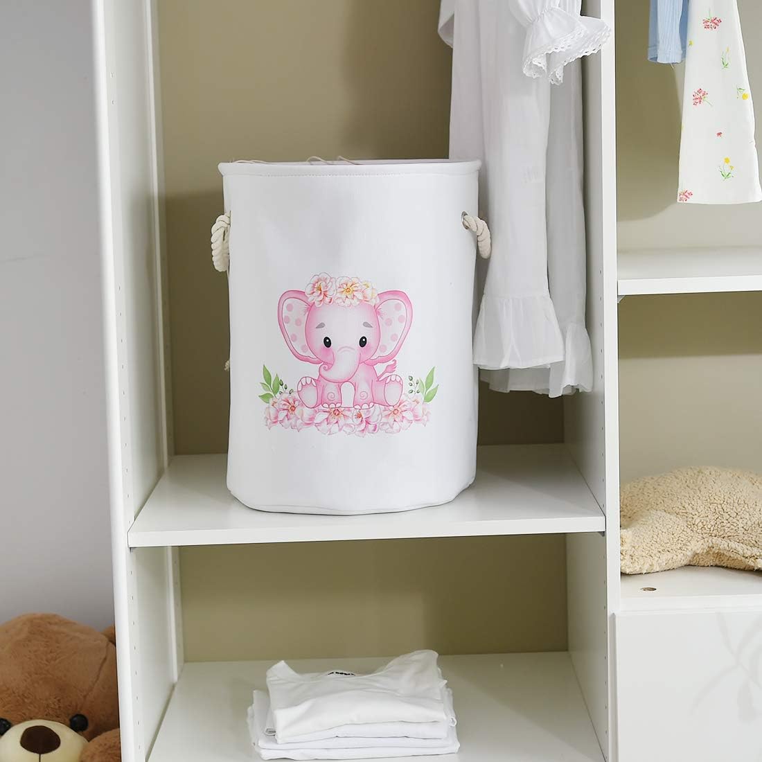 Laundry Baskets Kids Laundry Hamper, Pink Baby Hamper Elephant Basket Large Collapsible Kids Hamper with Handles Waterproof Round Linen Storage Basket for Toddler/Girls (Pink Elephant)