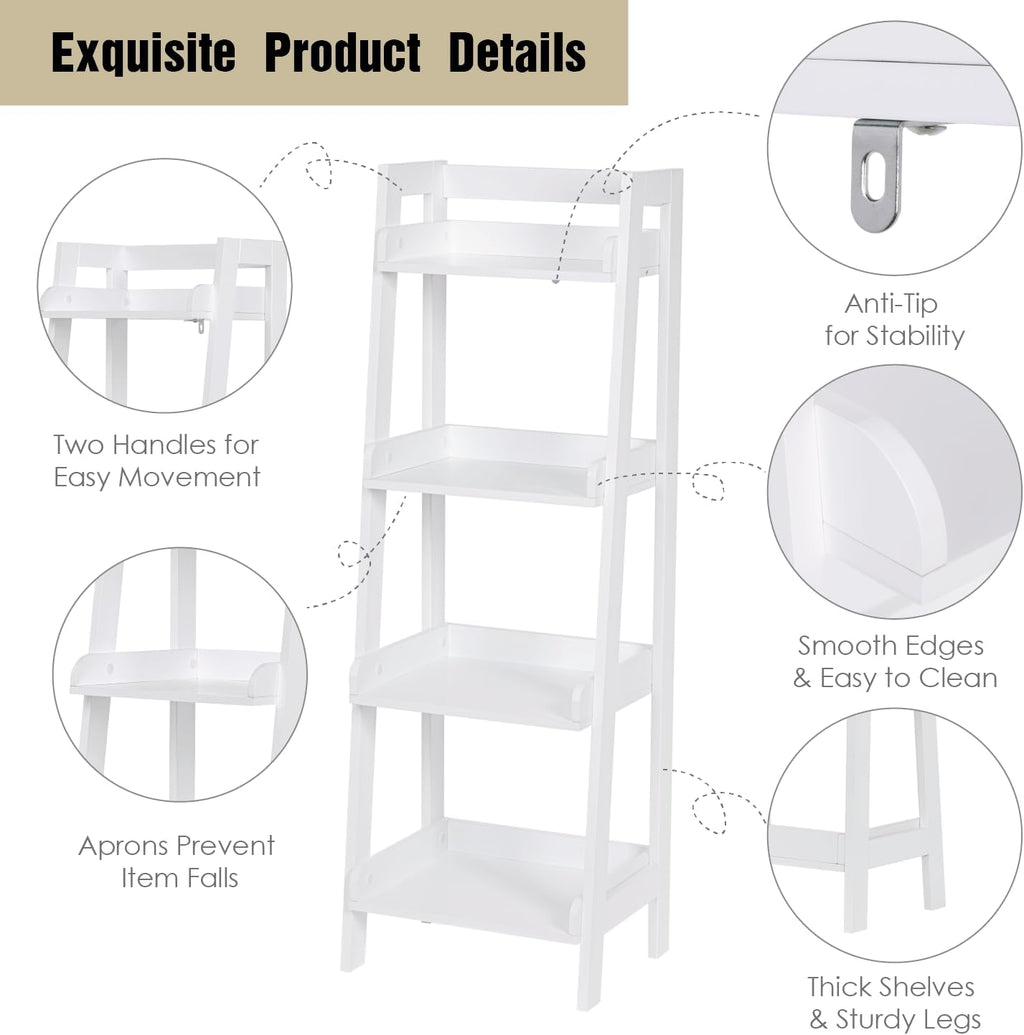 UTEX Freestanding Bathroom Storage Shelf with 4-Tier Ladder Design, White | 4 Fixed Shelves, A-Frame Ladder Design, Side and Back Guards, Anti-Tip Design, 14.69" W × 11.42" D × 42.7" H