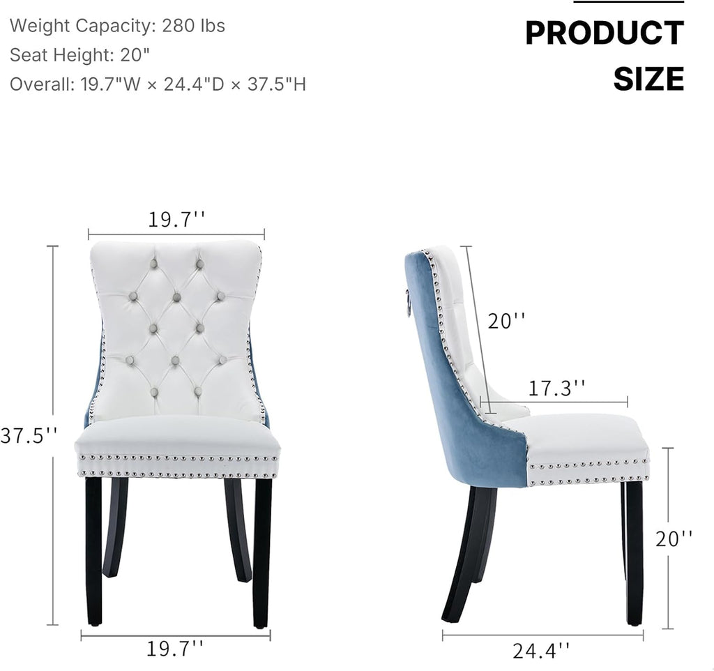 OVENTA Modern Tufted Upholstered Dining Chairs Set of 4, White Blue Velvet and Leather Dining Chair with Solid Wood Legs, Sillas de Comedor, Kitchen Chairs (White Blue, Velvet and Leather Set of 4)