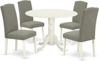 East West Furniture DLEN5-LWH-06 5 Piece Kitchen Table & Chairs Set Includes a Round Dining Table with Dropleaf and 4 Dark Shitake Linen Fabric Upholstered Chairs, 42x42 Inch, Linen White