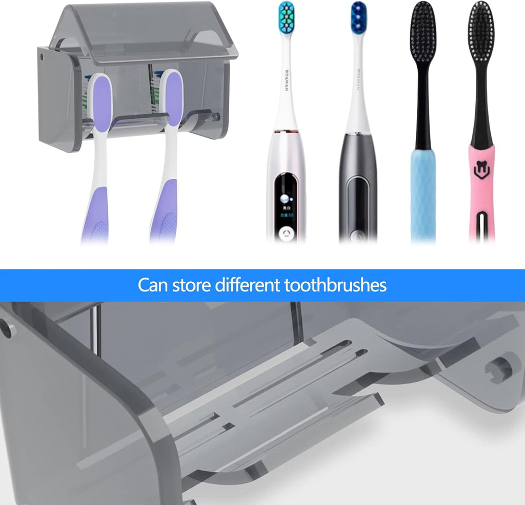 Wall-Mounted Toothbrush Holder with Cover, 2-Slot Organizer for Bathroom, Shower, Dorm, Cabinet (Clear)