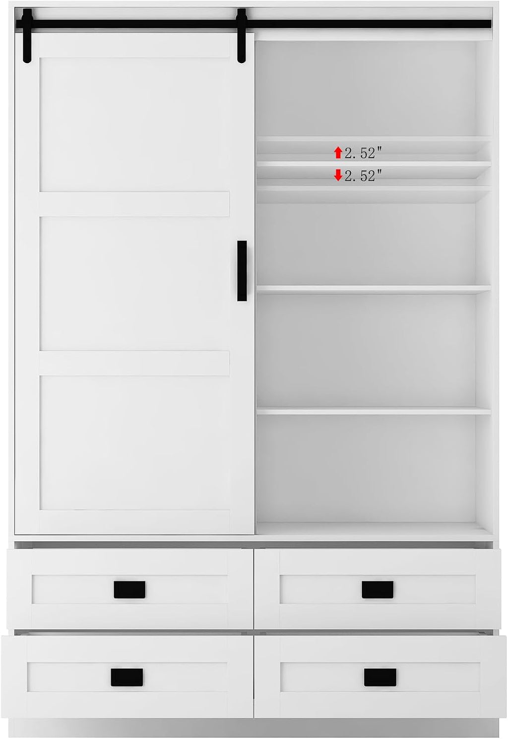 Wardrobe Closet with Sliding Barn Door, Wooden Bedroom Armoire Wardrobe Cabinet Closet with 4 Drawers, Adjustable Shelves and Hanging Rod, Bedroom Storage Closet Cabinet for Hanging Clothes, White