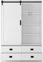Wardrobe Closet with Sliding Barn Door, Wooden Bedroom Armoire Wardrobe Cabinet Closet with 4 Drawers, Adjustable Shelves and Hanging Rod, Bedroom Storage Closet Cabinet for Hanging Clothes, White