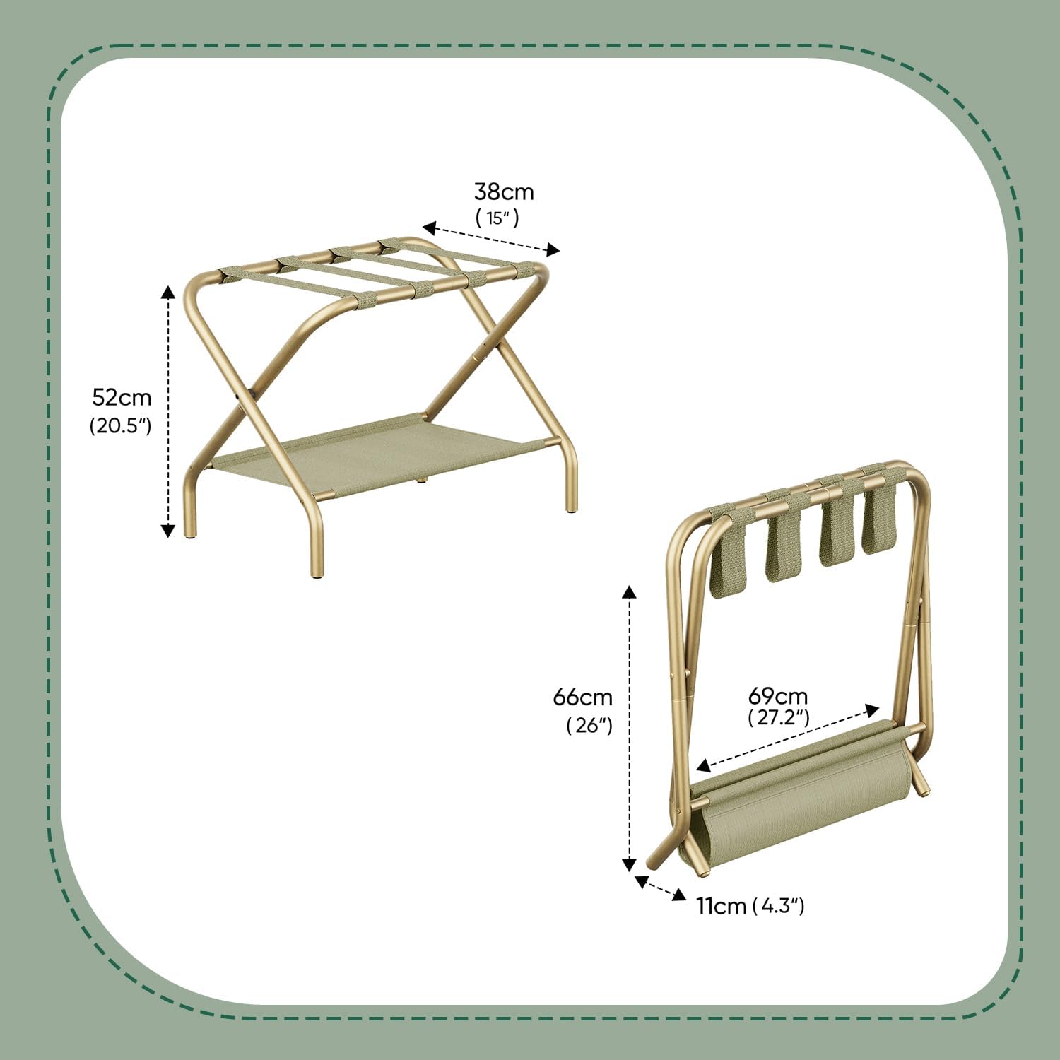 Smart FENDEE Luggage Rack for Guest Room, Folding Suitcase Stand with Shoe Shelf, Easy Assembly, Portable, Hold up to 110 lb, Gold, 1 Pack