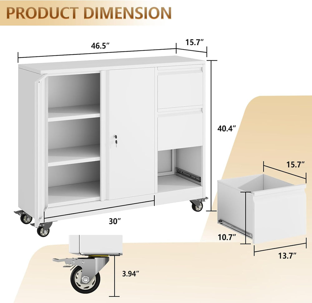 47" Rolling File Storage Locker Cabinet with 3-Drawer，Office Storage Cab...