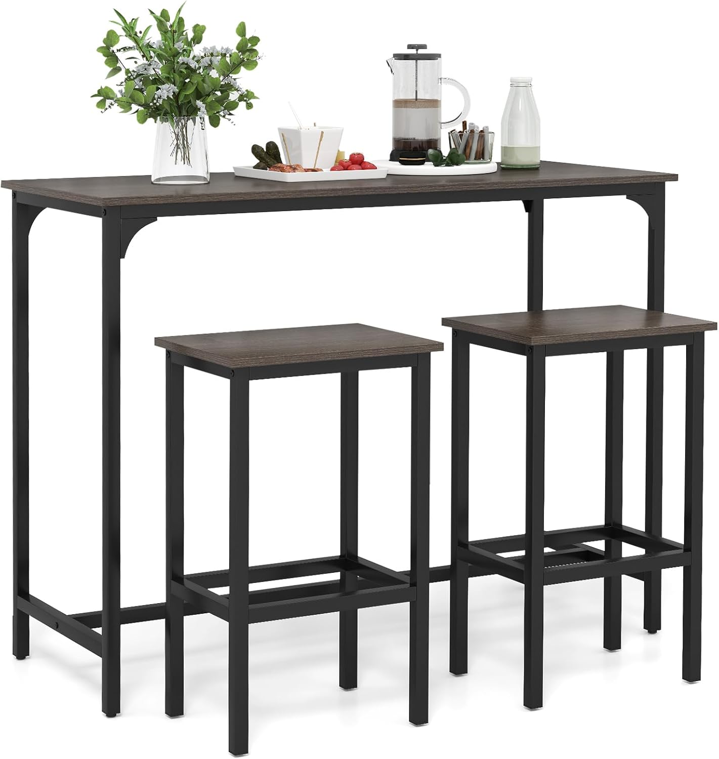 COSTWAY 3-Piece Dining Table Set, 47.5" Industrial Counter-Height Kitchen Table and 2 Bar Stools, High Top Rectangular Pub Table and Chairs for Dining Room Small Place Breakfast Nook Bistro (Grey) | w/ 2 Bar Stools, High Top Rectangular Pub Table and