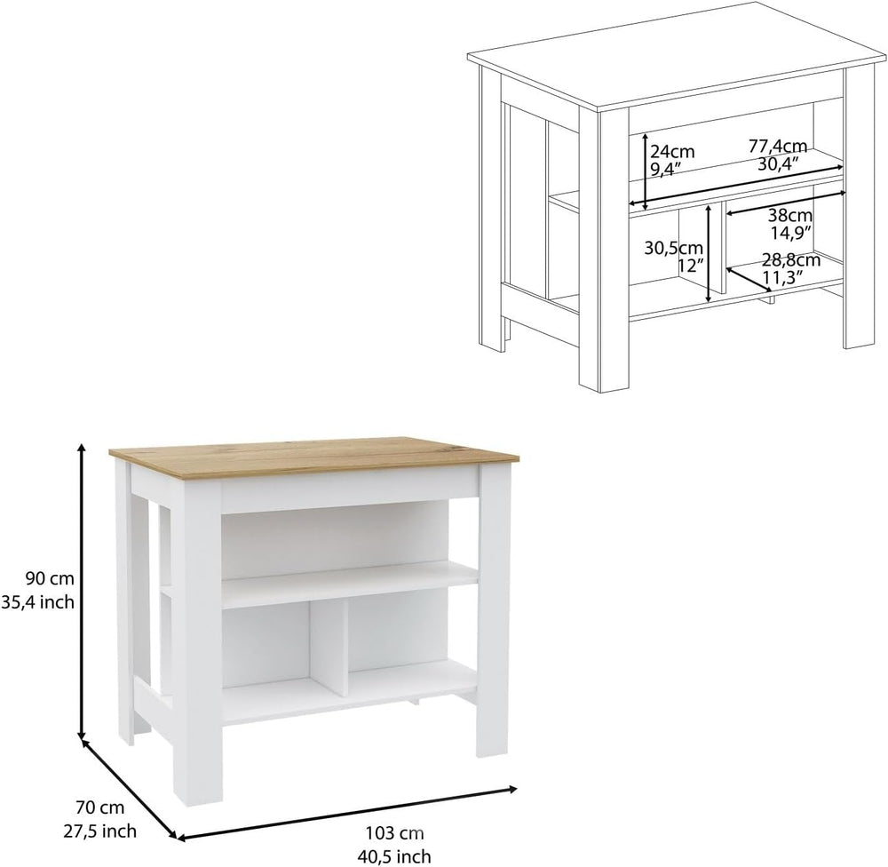 Kitchen Island with Open Shelves, White and Light Oak | 3 Storage Shelves, Wi...