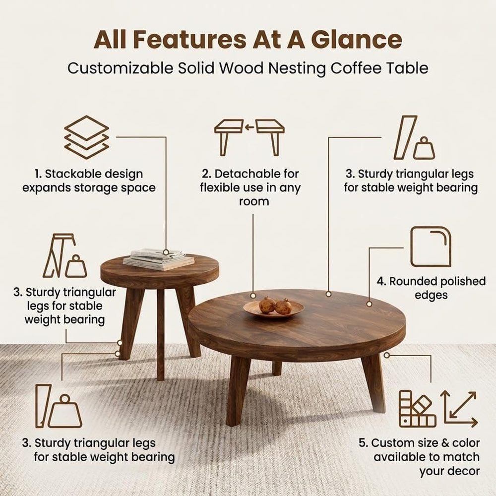 Round Modern Nesting Coffee Table Set Living Room Solid Wood Center Table | M...
