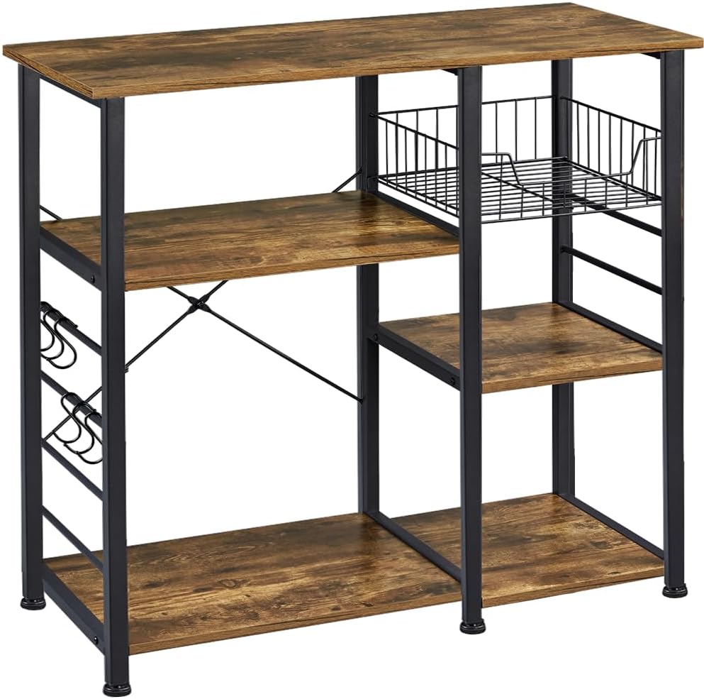 Yaheetech 4-Tier Bakers Rack,Microwave Stand for Coffee Bar,Rustic Brown | Metal Coffee Station, Kitchen Racks Shelf with Storage,Wire Basket, Hooks,Adjustable Feet for Kitchenette,Small Apartment