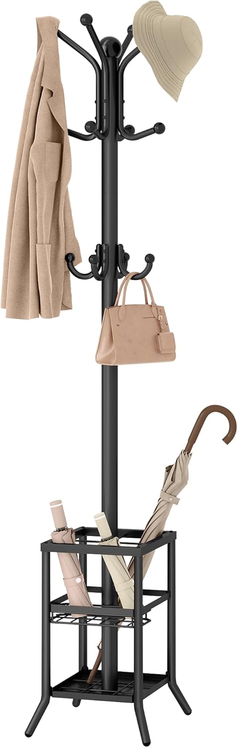 FAVOOSTY Coat Rack Freestanding,Coat Rack Stand with Umbrella Holder,Metal Coat Tree with 12 Hooks,Tree Clothes Hat for Entryway, Hallway, Bedroom, Living Room & Office -Black