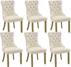 Velvet Dining Chairs Set of 6, Kitchen & Dining Room Chairs, Upholstered Dining Chairs with Back Ring Pull and Golden Solid Wood Legs, Modern Tufted Kitchen Chairs for Dining Room, Cream