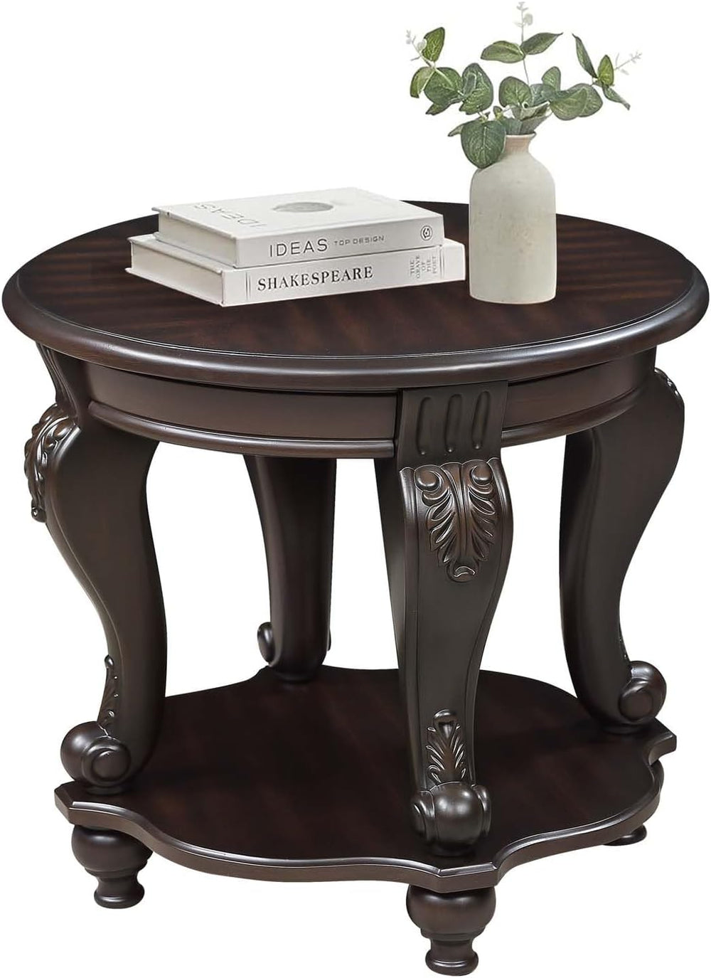 Round End Table for Living Room, Solid Wood Sofa Side Table with Shelf, Retro...