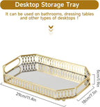 Mirrored Perfume & Makeup Vanity Tray - Hollow-Out Jewelry Storage, Gold Metal & Glass Trinket Organizer for Dresser & Bathroom Countertop, 11.3" Small Size