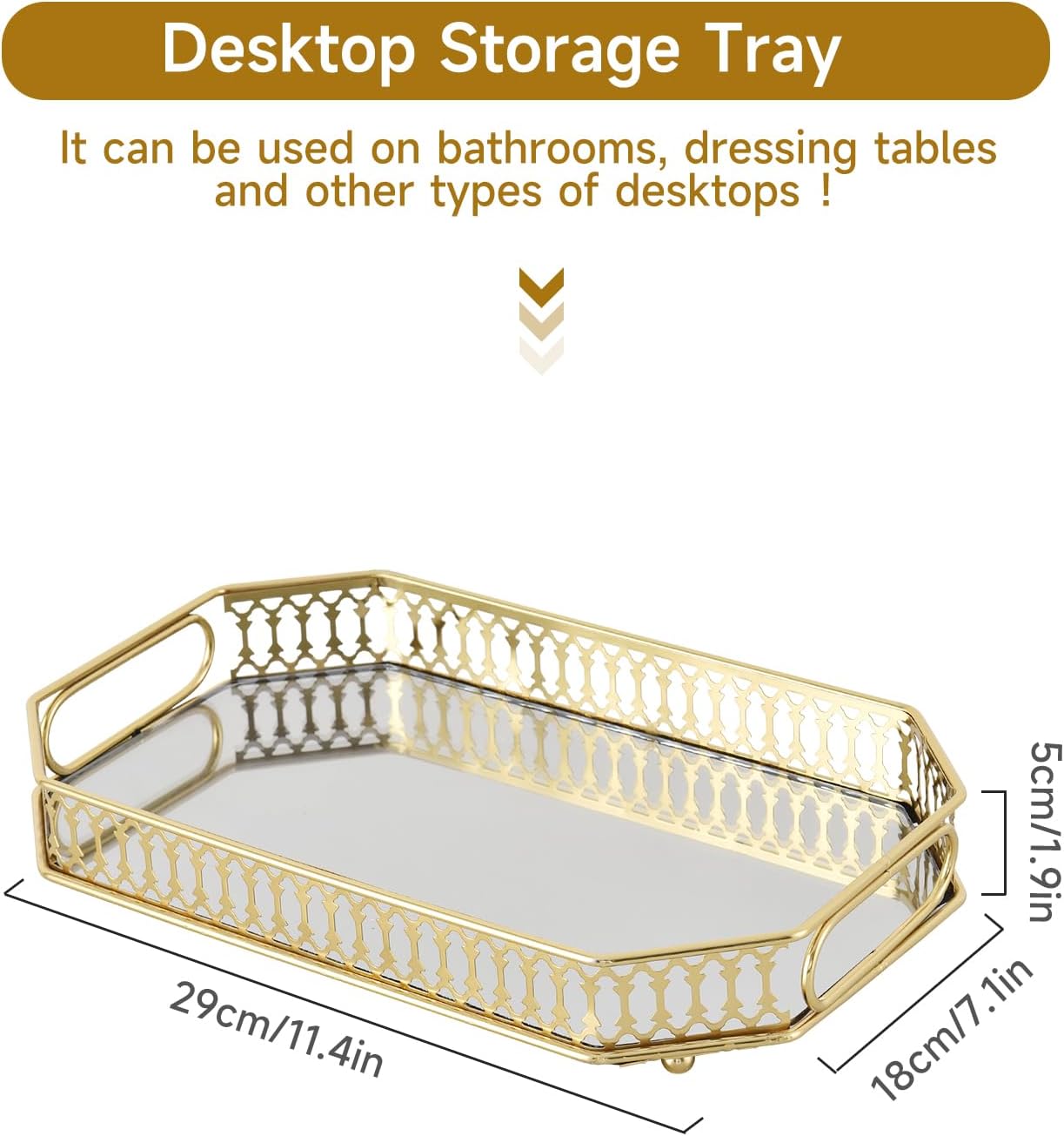 Mirrored Perfume & Makeup Vanity Tray - Hollow-Out Jewelry Storage, Gold Metal & Glass Trinket Organizer for Dresser & Bathroom Countertop, 11.3" Small Size
