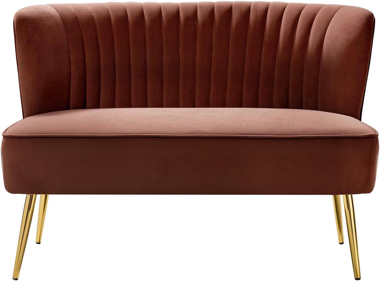 TINA'S HOME Mid-Century Velvet Loveseat Sofa, Upholstered Loveseat Couch with Golden Metal Legs, Small Tufted 2-Seat Sofa Armless Love Seat for Living Room Bedroom, Burn Brick