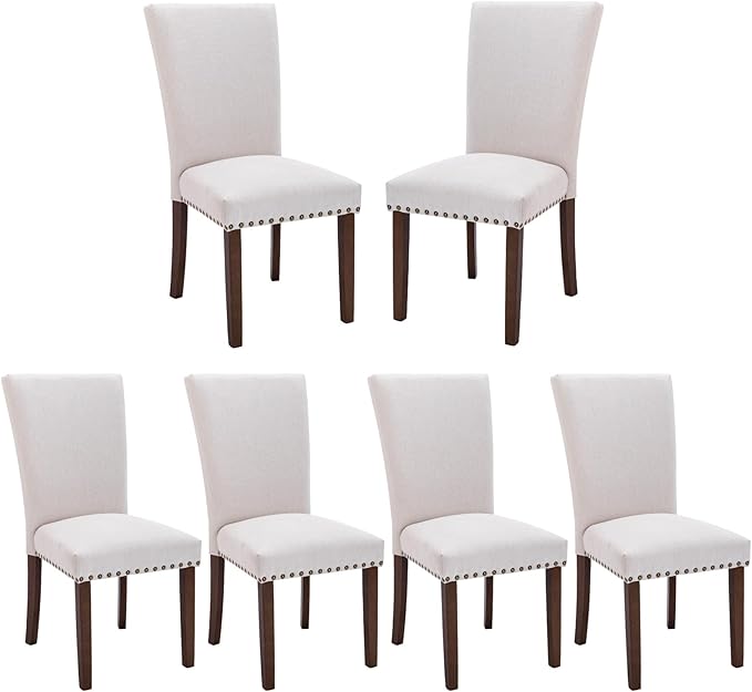 COLAMY Upholstered Dining Chairs Set of 6, Parsons Style Side Chairs with Nailhead Trim and Solid Wood Legs, Comfortable Linen Fabric for Kitchen & Dining Room – Beige