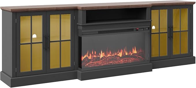 98" Farmhouse TV Stand with 36" Fireplace for TVs up to 100", Media Entertainment Center with Adjustable Shelves and Large Storage Cabinets, for Living Room, Black & Black