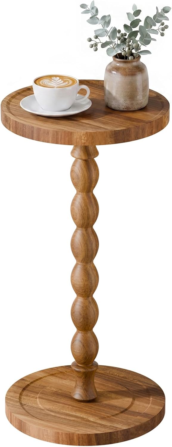 Small Round Side Table, Acacia Wood‌ Drink Table for Small Spaces