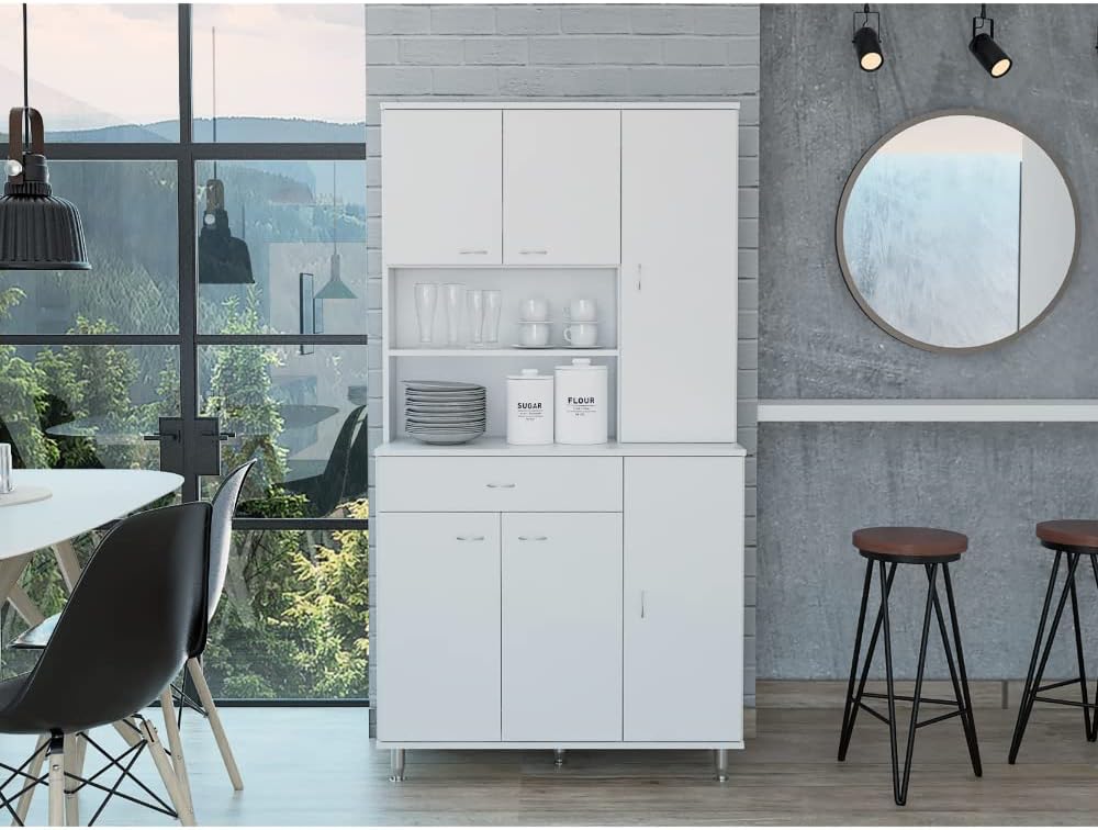 90 Kitchen Pantry, One Drawer, Multiple Cabinets, Two Open Shelvess -White