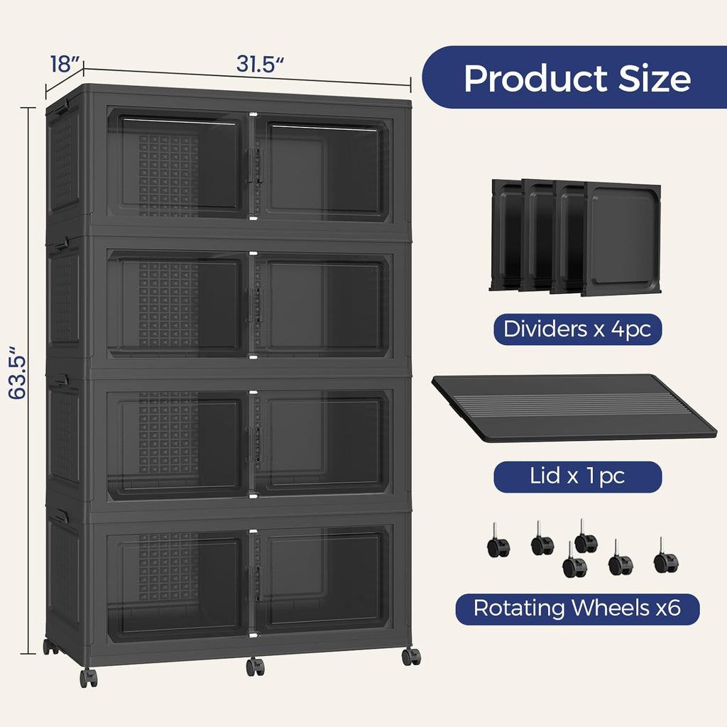 200Gal Stackable Storage Bins with Lid, 800Qt Extra Large Collapsible Storage Box with Wheels, Dividers, Folding Plastic Cabinet Closet Organizers for Home Kitchen Office Dorm, 4Pack Black