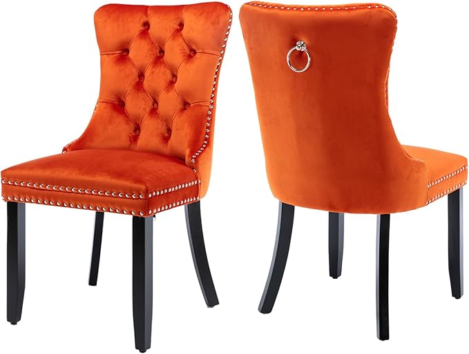 Velvet Dining Chairs Set of 2, Tufted Upholstered Dining Room Chairs with Back Ring Pull, Nailhead Trim and Solid Wood Legs, Modern Dining Chairs for Dining Room, Kitchen,Orange