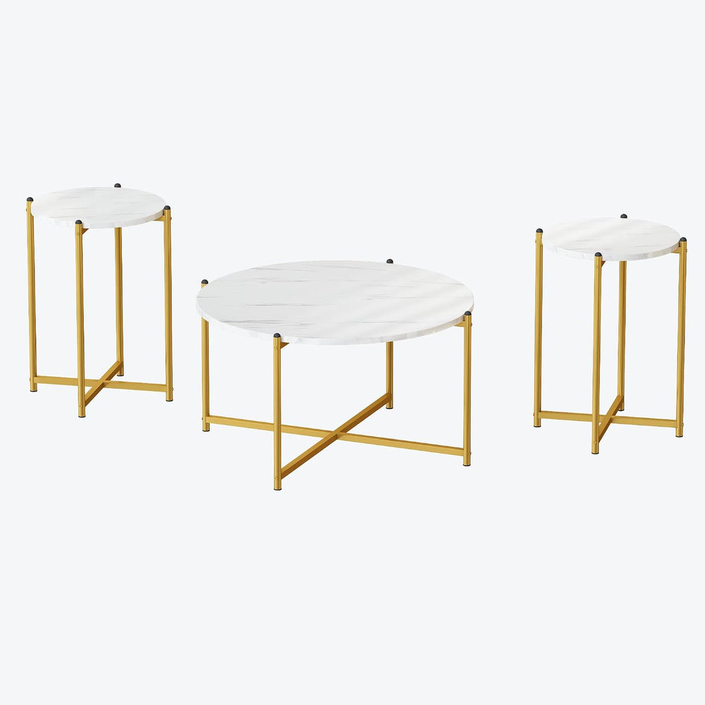 Lamerge Coffee Table Set of 3,Modern Faux Marble Top with Golden Frame,1 Coff...