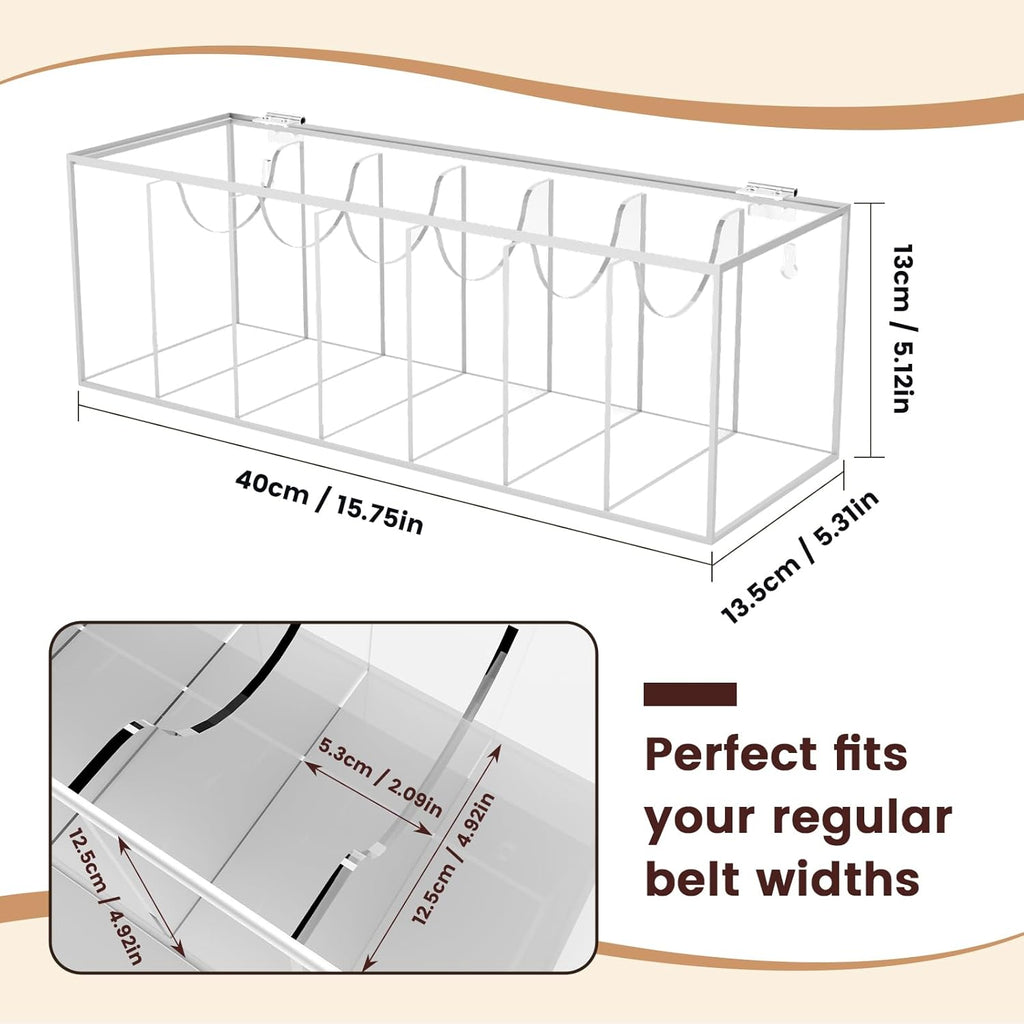 Acrylic Belt Organizer with Flap Dust Cover – 7-Compartment Clear Storage Case for Belts, Ties & Bow Ties | Closet & Drawer Display Holder for Men & Women