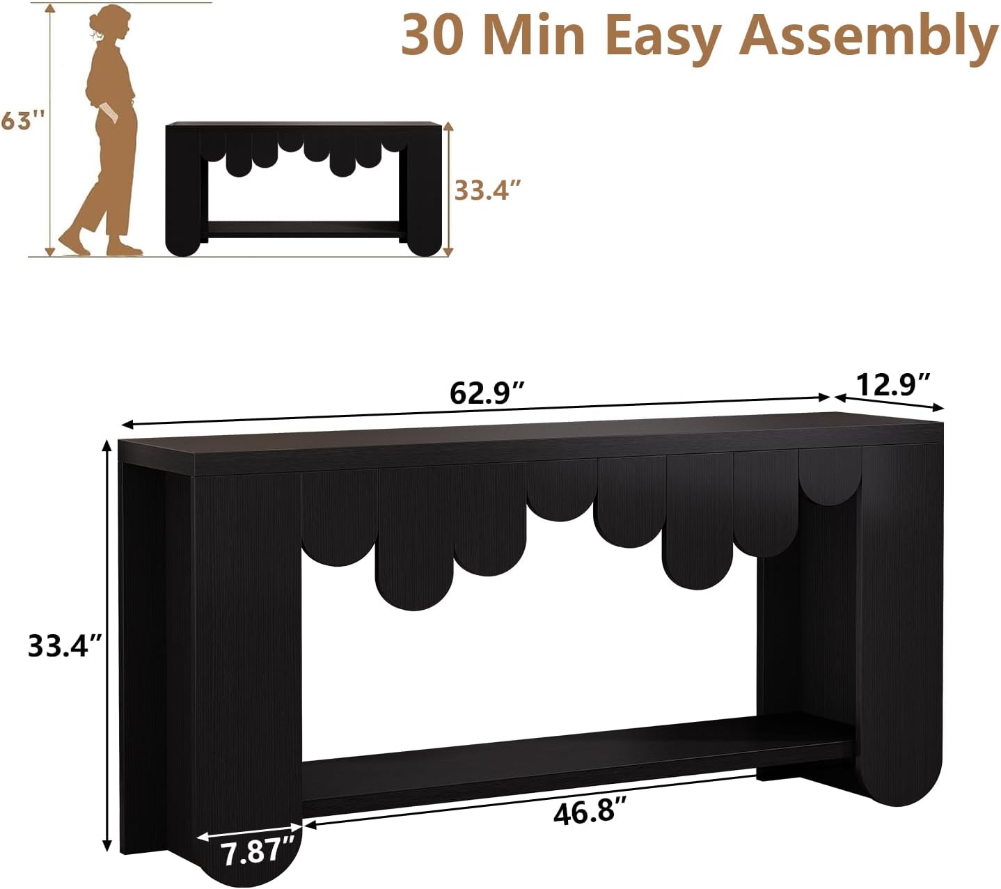 IBF Black Oak Console Table, 63” Long Wood Entryway Table with Storage | 2-Tier Modern Sofa Table Behind Couch for Home Living Room, Rectangular Entry Table for Hallway Entrance Foyer Front Door