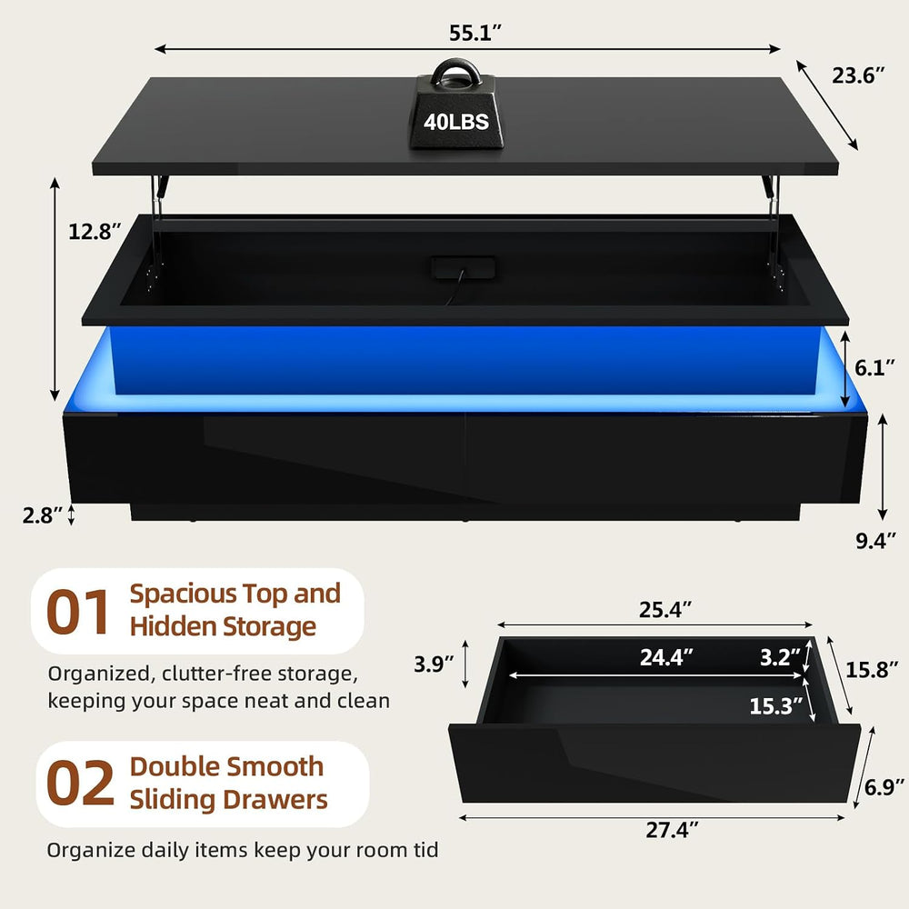 55" Large Lift Top Coffee Table, LED High Glossy Coffee Table Black