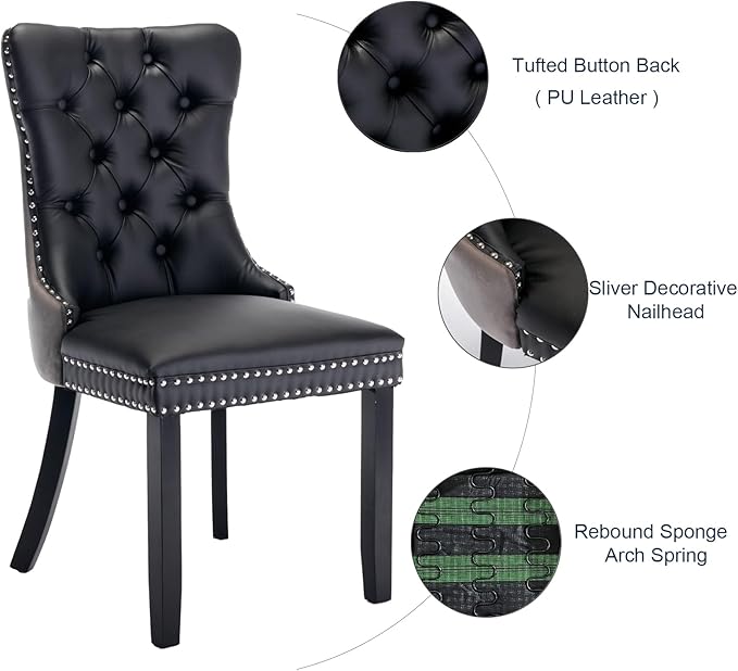 Dining Room Chairs Set of 4, Upholstered Tufted Dining Chairs with High Back, Nailhead Trim and Solid Wood Legs, Modern Dining Chairs for Dining Room, Black Pu Leather Splicing Grey Velvet