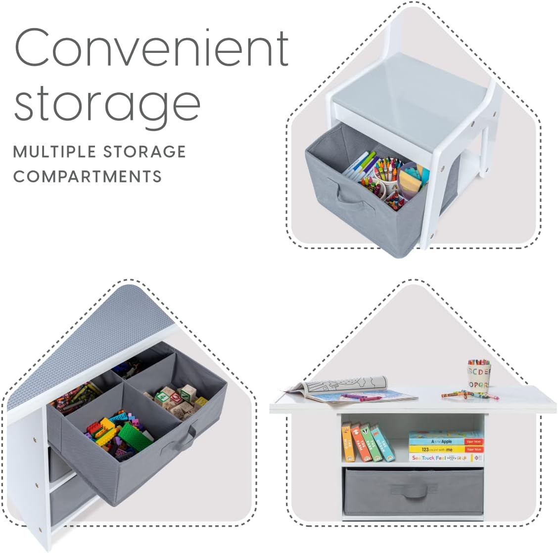 Milliard Kids 3-in-1 Play Table and Chair Set Wood with Storage Baskets, Compatible with Lego and Duplo Bricks, Activity Table Playset Furniture with Modern Gray Colors