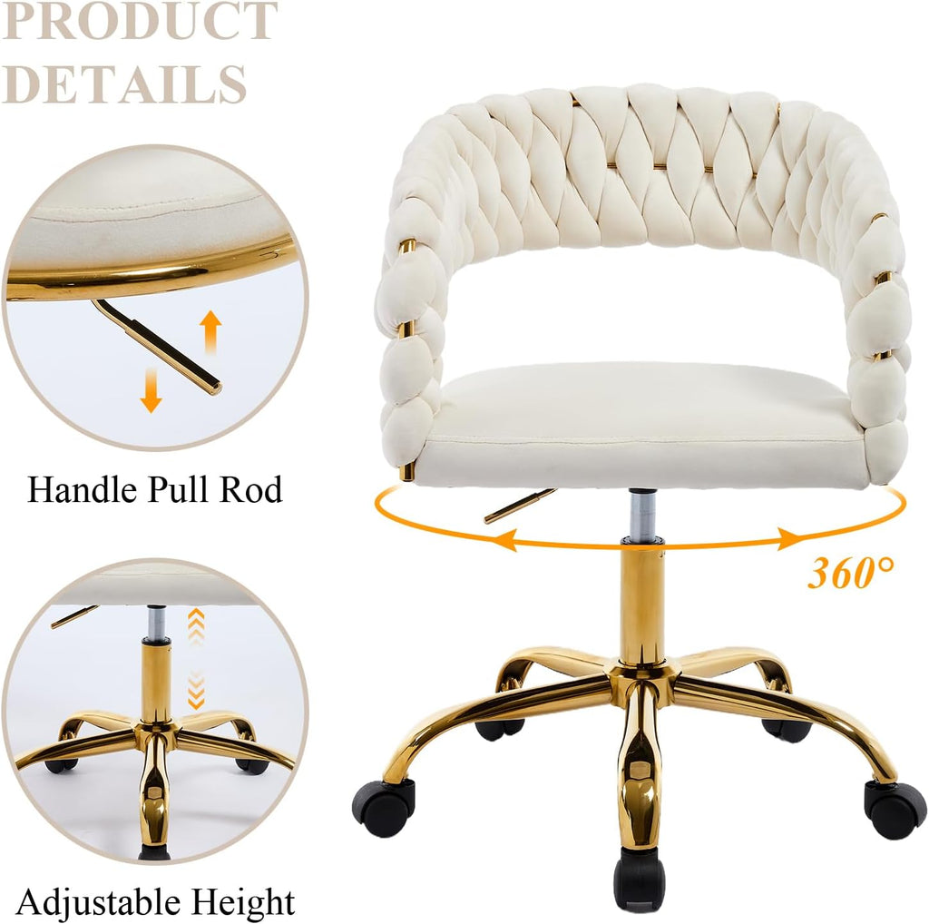 NIOIIKIT Woven Home Office Chair, Velvet Upholstered Desk Chair with Open Back, Height Adjustable Task Chair, Office Armchair with Wheels, Vanity Chair, Computer Chair for Office (Beige)