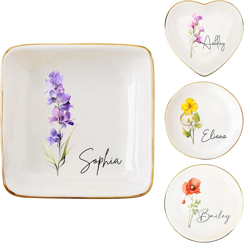 Custom Gifts For Mom - Personalized Birth Flower Trinket Dish,Custom Jewelry Ring Dish,Mom Birthday Gifts,Wedding Bridesmaid Gift