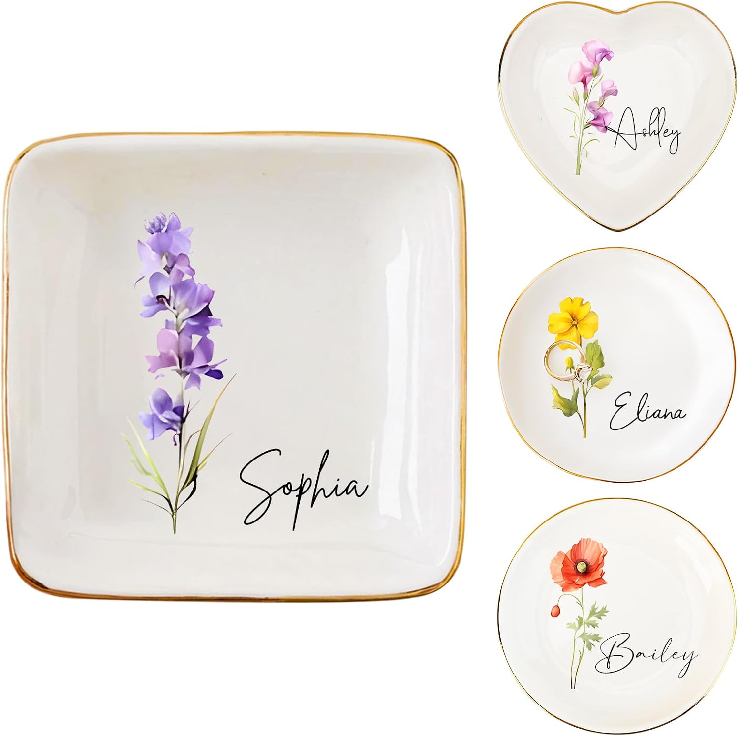 Custom Gifts For Mom - Personalized Birth Flower Trinket Dish,Custom Jewelry Ring Dish,Mom Birthday Gifts,Wedding Bridesmaid Gift