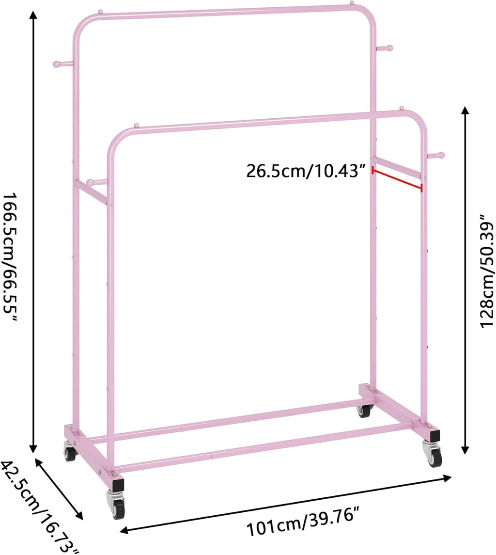 Laiensia Double Rods Garment Rack with Wheels, Clothing Rack for Hanging Clothes,4 Hooks, Multi-Functional Bedroom Clothes Rack, Pink