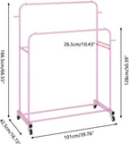 Laiensia Double Rods Garment Rack with Wheels, Clothing Rack for Hanging Clothes,4 Hooks, Multi-Functional Bedroom Clothes Rack, Pink