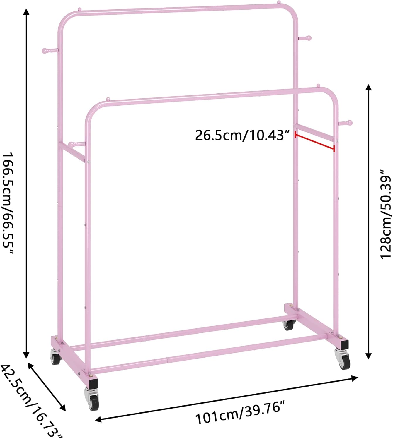 Laiensia Double Rods Garment Rack with Wheels, Clothing Rack for Hanging Clothes,4 Hooks, Multi-Functional Bedroom Clothes Rack, Pink