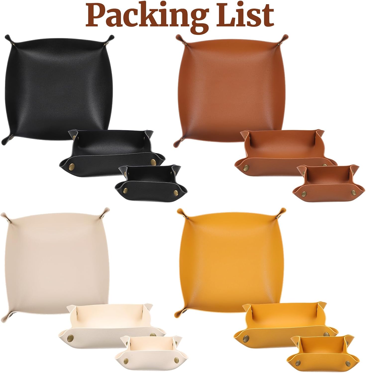 12pcs Leather Jewelry Tray for Keys and Wallet, Folding PU Leather Tray Organizer for Travel, Home or Office, Set in 3 Sizes and 4 Colors- Beige/Yellow/Brown/Black