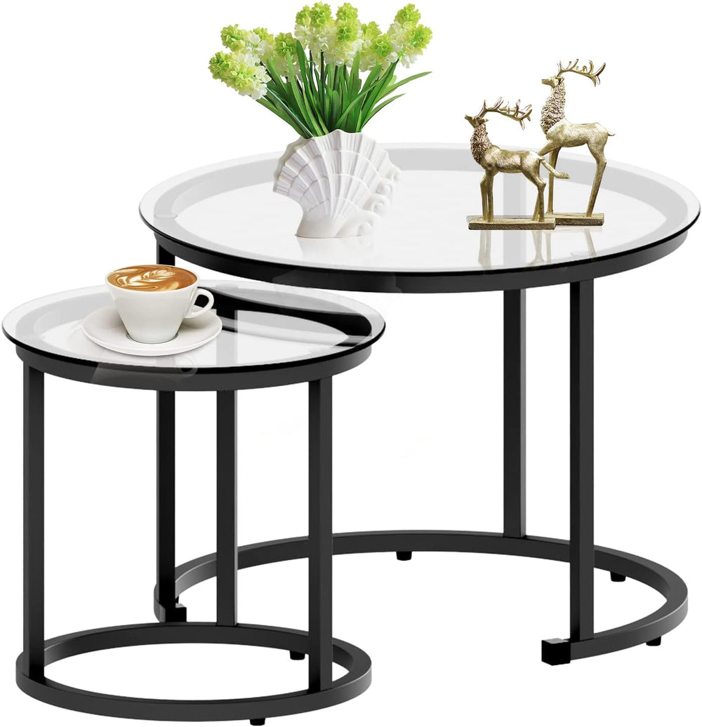 aboxoo Black Nesting Coffee Glass Table Set of 2, Metal Freme Side End Tables...