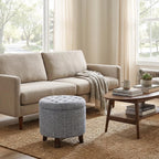 HomePop 19" Button Tufted Round Storage Ottoman - Blue Gray Woven Fabric