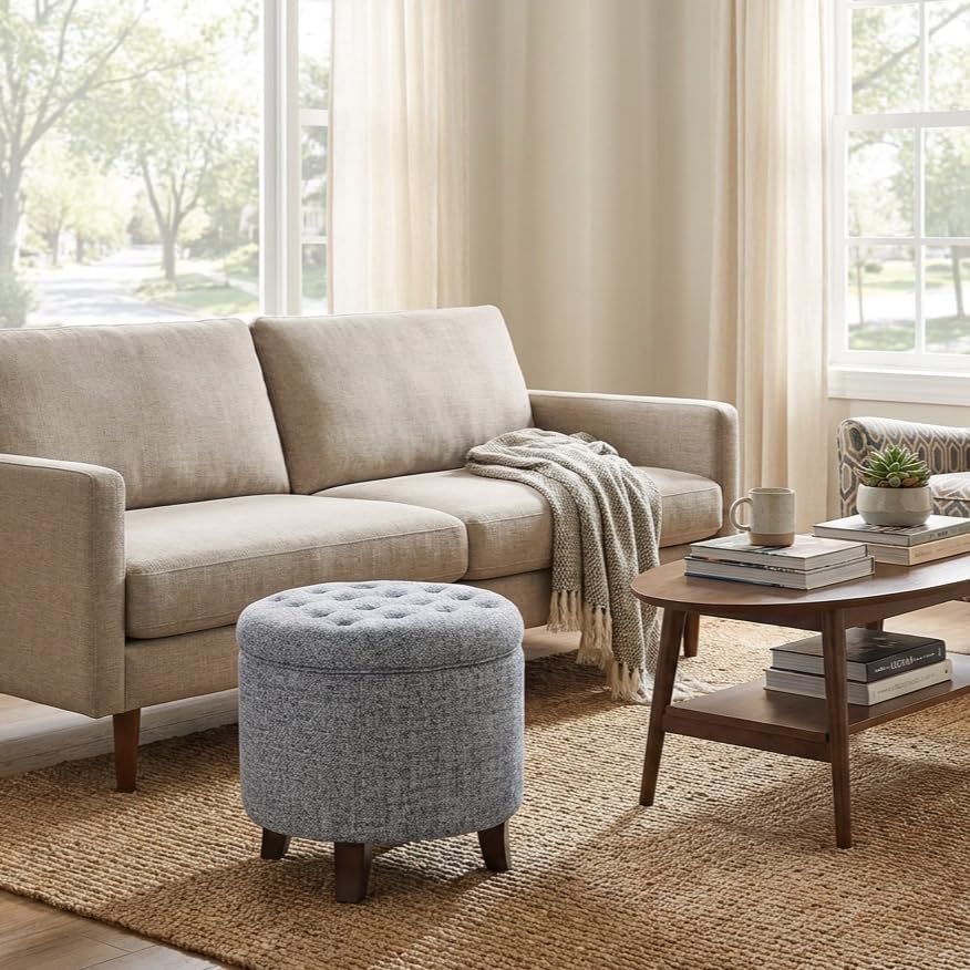 HomePop 19" Button Tufted Round Storage Ottoman - Blue Gray Woven Fabric