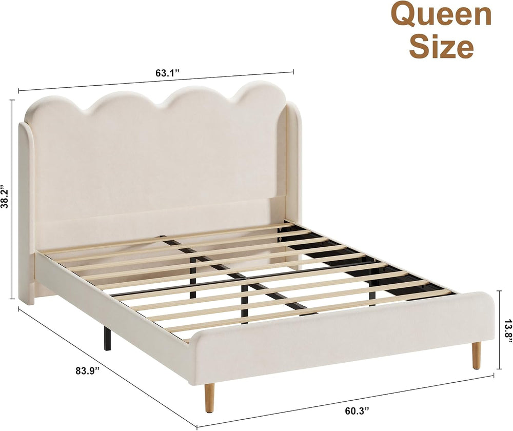 Garvee Chenille Upholstered Queen Bed Frame, Wingback Design, Beige