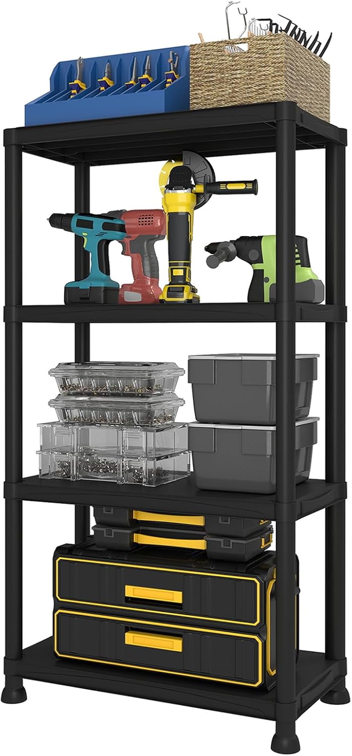 Plastic Storage Shelves, 12" D x 24" W x 52.56" H Plastic Shelves for Storage, 4-Tier Shelving Unit, Storage Rack, 264 lbs, Bathroom, Laundry, Garage & Home