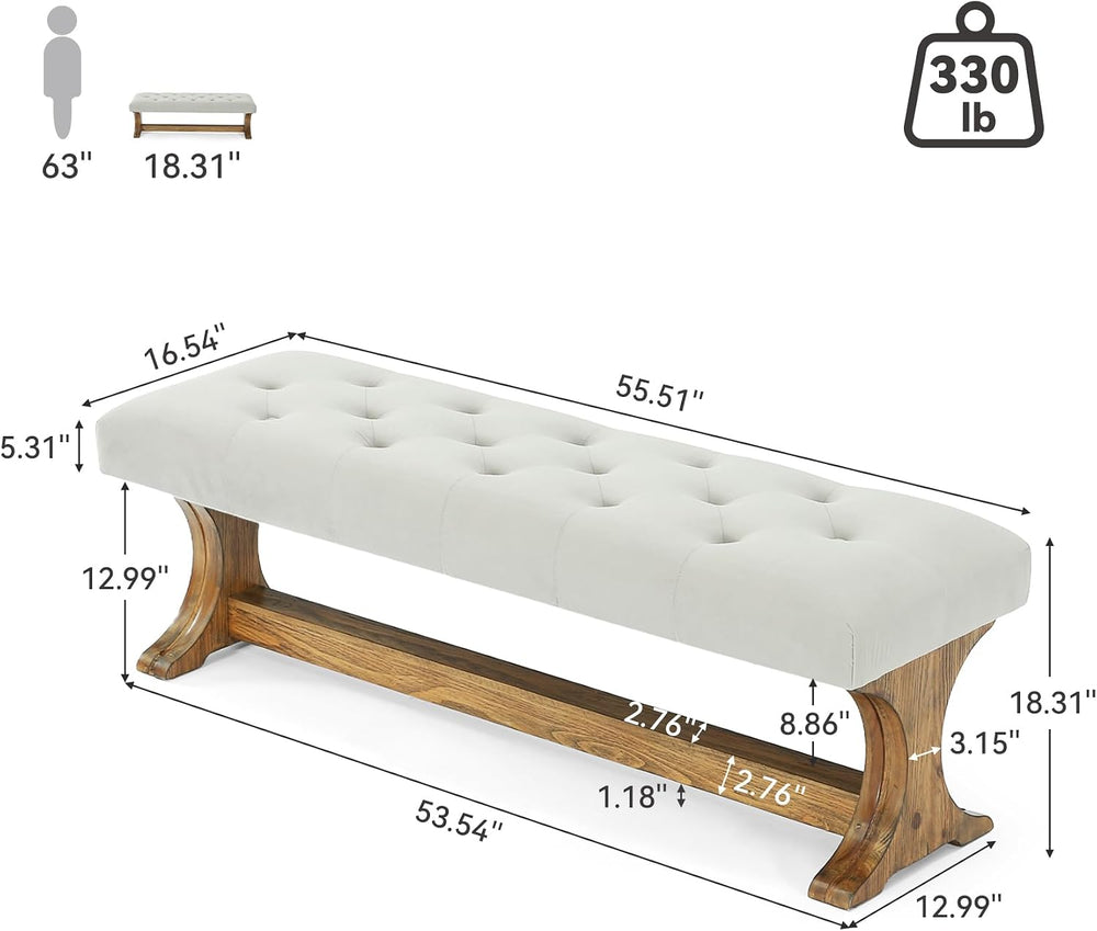 LITTLE TREE 55" Upholstered End of Bed Bench, Solid Wood Tufted Entryway...