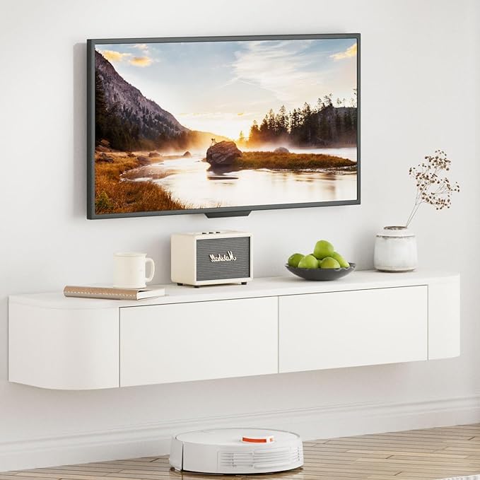SHGJ&SOFT Floating TV Stand Wall Mounted Media Console with Door Entertainment Centerwith Storage Cabinets, Wall Mounted TV Shelf for Bedroom,Living Room (White, 47.2IN)