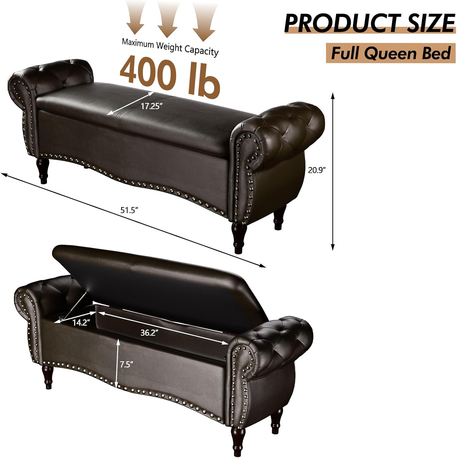 ZZW Storage Ottoman Bench, 51" Length Upholstered End of Bed Storage Bench for Bedroom with Safety Hinge, Tufted Bed Benches with Rolled Arm and Nailhead Trim for Living Room, Entryway Dark Brown