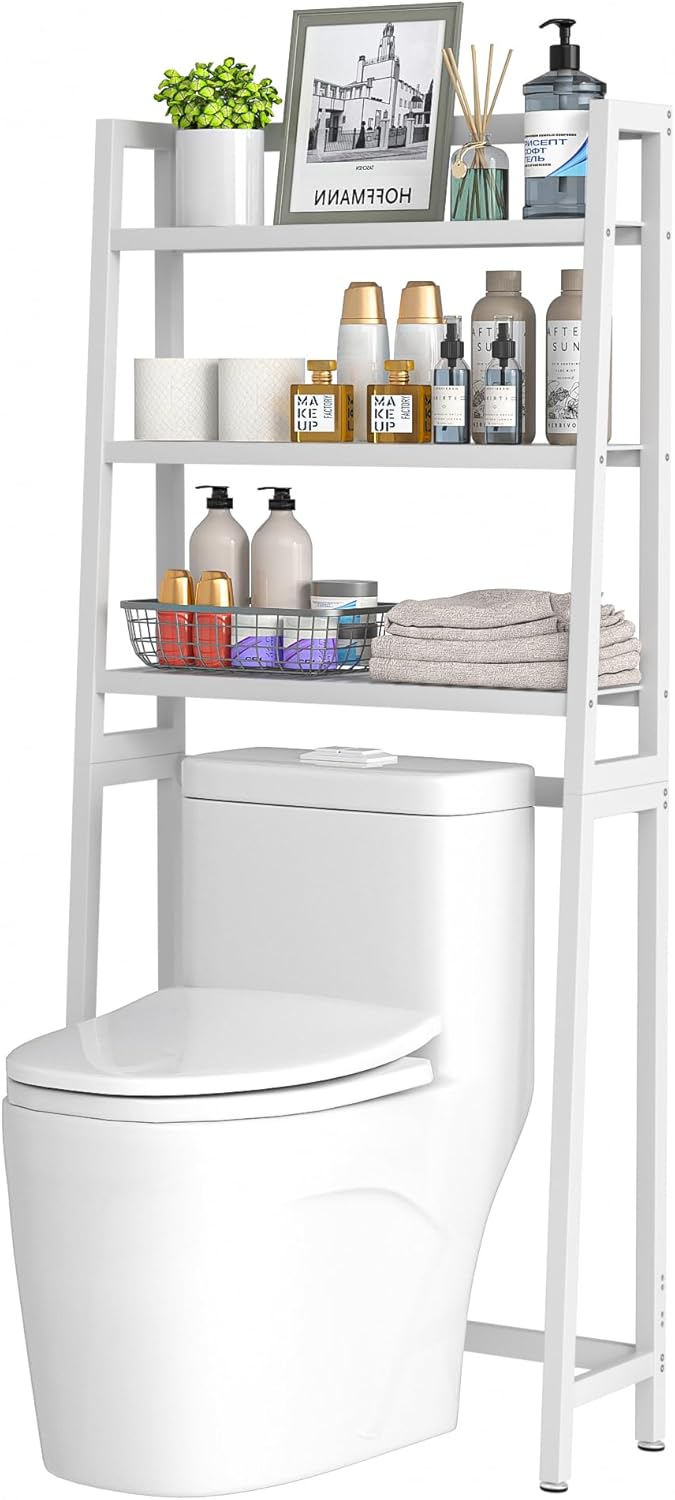 VASMIA Over The Toilet Storage,Bamboo 3-Tier Bathroom Organizer Over Toilet Storage Cabinet,Freestanding Space Saver with 3 Hooks White