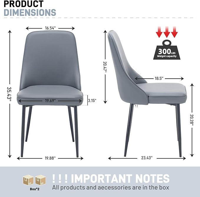 Modern Dining Chairs Set of 2, Faux Leather Upholstered Dining Room Chair Kitchen Chairs Dinner Side Chair with Curved Back and Metal Legs for Kitchen, Dining Room, Living Room, Grey