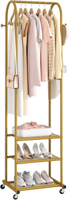 Heavy Duty Clothing Rack with Wheels,Modern Garment Rack with 3 Metal Shelves, 71.8Inches Display Rack for Hanging Clothes, Hanging Rod for Small Space,Gold